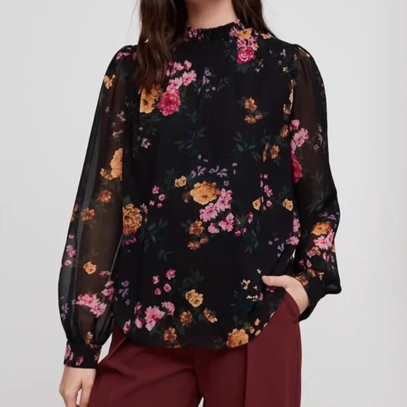 Aritzia Wilfred Paula Blouse- Black Floral Long Sleeve High Neck Chiffon Top - Picture 2 of 7